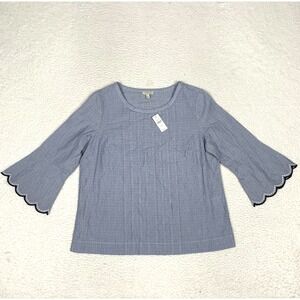 Talbots Blouse Womens PS Bell Sleeve Scalloped Hem 100% Cotton Blue IN5069 NWT!